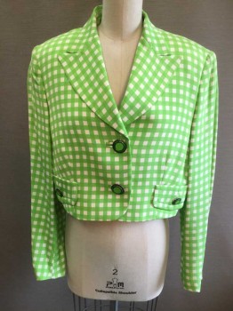 Womens, 1990s Vintage, Suit, Jacket, GIANNI VERSACE, Lime Green, White, Silk, Rayon, Gingham, B:34, Long Sleeves, Peaked Lapel, 2 Large Lime Circular Buttons with Bronze Greek Key Pattern Edge, 2 Faux Pockets with Similar Buttons, Shoulder Pads, Solid Lime Lining