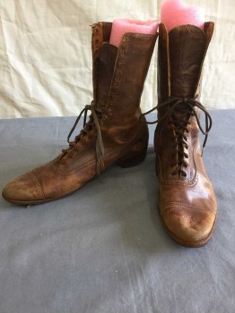 Womens, Boots 1890s-1910s, N/L, Brown, Leather, Solid, 6.5, Perforated Cap Toe, Low Heel, Lacing/Ties,  Vintage Patina