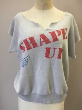 Womens, T-Shirt, N/L, Lt Gray, Red, Royal Blue, Polyester, Cotton, Graphic, Solid, O/S, Pull Over, Cut Work Lace, Out Neck, Raglan Cut Off Sleeves, Rib Knit Waistband, "Shape Up" Center Front, Some Bleach Spots