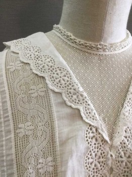 N/L, White, Cotton, Solid, 3/4 Sleeves, Buttons In Back, Round Neck,  See Thru Net Inserts - Triangular Panel At Neck, 2" Wide Stripes On Either Side Of Neckline, Eyelet Lace Collar On Either Side Of Sheer Triangle Panel, Vertical Pintucks/Pleats Of Varying Sizes, Cuffed Sleeves with Eyelet Trim,