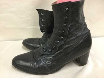 Womens, Boots 1890s-1910s, N/L, Black, Leather, Solid, 8.5, Cap Toe, 1.75" Stack Heel, High Ankle, Button Side