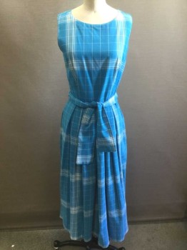 LANZ, Turquoise Blue, White, Polyester, Cotton, Plaid, Grid , Turquoise with White Plaid and Grid Pattern, Sleeveless, Scoop Neck, Pleated at Waist, Straight Fit Skirt, Hem Mid-calf, **2 Piece, Comes with Matching Fabric Sash Belt