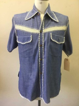 Mens, Western Shirt, VELOSOS GIFT SHOP, French Blue, White, Cotton, Polyester, Solid, Diamonds, XL, Chambray, Short Sleeves, Button Front, Collar Attached, Crochetted Blanket Stitched Edge Trims and Chest Band Stripe