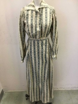 MTO, Ecru, Gray, Tan Brown, Cotton, Stripes, Floral, Long Sleeves, Button Front, Hand Done Button Holes, Collar Attached, Short Waisted, Faded Print on the Sides of the Dress, Mended Tears,