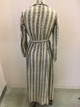 MTO, Ecru, Gray, Tan Brown, Cotton, Stripes, Floral, Long Sleeves, Button Front, Hand Done Button Holes, Collar Attached, Short Waisted, Faded Print on the Sides of the Dress, Mended Tears,
