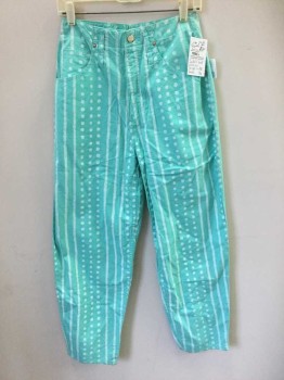 Womens, Pants, SQUEEZE, Sea Foam Green, White, Cotton, Stripes - Vertical , Dots, W:28, High Rise, Tapered Leg, Zip Fly, 5 Pocket