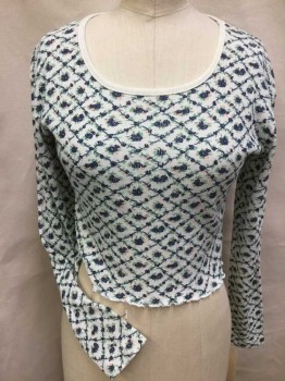 ITALIAN CLUB, White, Slate Blue, Green, Lt Pink, Black, Polyester, Lycra, Diamonds, Floral, Ribbed Knit, Solid White Round Neck,  Long Sleeves, Curly White Stitch Hem