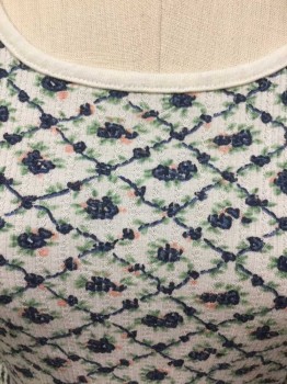ITALIAN CLUB, White, Slate Blue, Green, Lt Pink, Black, Polyester, Lycra, Diamonds, Floral, Ribbed Knit, Solid White Round Neck,  Long Sleeves, Curly White Stitch Hem