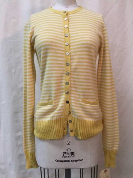 Womens, Sweater, TORY BIRCH, White, Yellow, Cashmere, Stripes, XS, White/ Yellow Stripes, Button Front, 2 Pockets,