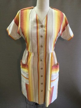LESLIE FAY, Yellow, Orange, Red, Ivory White, Beige, Cotton, Polyester, Stripes, Button Front, 2 Pockets, Short Sleeve, Epaulets,