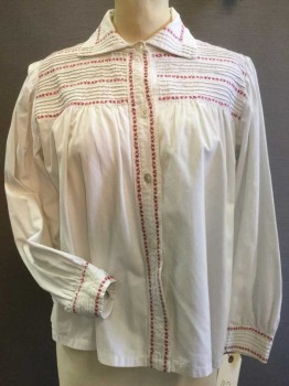 N/L, White, Red, Cotton, Solid, Stripes, Button Front, Collar Attached, Long Sleeves,  Horizontal Pleat Yoke, Collar and Cuffs, Floral Embroidered Trim at Yoke, Front Placket and Cuffs,
