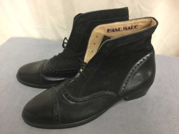 PAOLO, Black, Suede, Leather, Color Blocking, Ankle Boot, Hole Punch Decorative Detail at Seams, Cap Toe, Lace Up, 1" Heel,