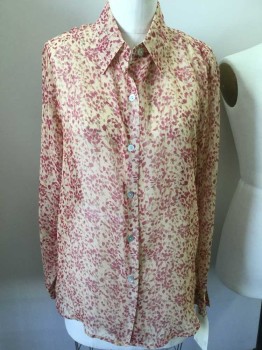 Womens, Blouse, IMPRESSIONS, Khaki Brown, Red Burgundy, Polyester, Floral, B 40, M, Sheer, Long Sleeves, Button Front, Collar Attached,