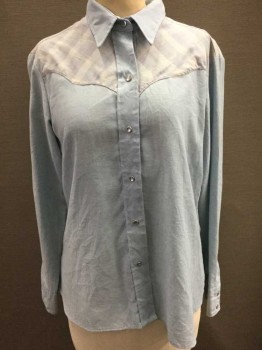 Womens, Shirt, N/L, Lt Blue, White, Cotton, Solid, Plaid, 38, Long Sleeve Button Front, Body Is Solid Lt Blue, V Shape Yoke At Shoulders W/White + Lt Blue Gingham, Collar Attached,  Snaps,