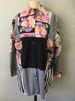 Womens, Blouse, Sorrel, Black, White, Pink, Purple, Green, Cotton, Small, Long Sleeves, Button Front, Collar Attached, Gingham/Floral/Colorblock Patchwork