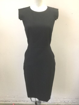 Womens, Dress, Sleeveless, J.CREW, Black, Wool, Spandex, Solid, 00, Sleeveless with Small Caps at Shoulders, Scoop Neck, Sheath Dress, Hip Pockets, Knee Length