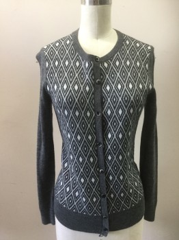 Womens, Sweater, HALOGEN, Gray, White, Black, Wool, Acrylic, XS, Diamond Pattern Front, Solid Gray Sleeves/Waistband/Back, B.F., L/S,