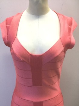 FRENCH CONNECTION, Salmon Pink, Viscose, Solid, Stretchy Knit Bodycon Dress, Cap Sleeves, Angled Square Neck, Horizontal Bars of Ribbing with Vertical Bar at Center Front, Form Fitting, Just Above Knee Length