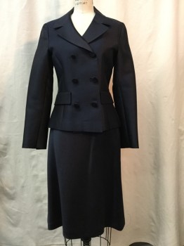 OLEG CASSINI COUTURE, Midnight Blue, Silk, Solid, Double Breasted, Notched Lapel, 2 Faux Flap Pocket, Soutache Wrapped Buttons,
