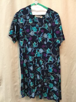 Womens, Romper, HONORS, Navy Blue, Blue, Green, Turquoise Blue, Purple, Rayon, Floral, M, Button Front, V-neck, Short Sleeves,