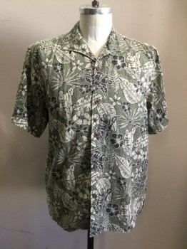 Mens, Hawaiian Shirt, TOMMY BAHAMA, Olive Green, Black, Cream, Cotton, Silk, Floral, M, Button Front, Collar Attached, Short Sleeves,