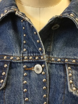 FOREVER 21, Denim Blue, Silver, Orange, Cotton, Solid, Blue Denim with Orange Top Stitch and Silver Studs, Button Front, Collar Attached, Long Sleeves,