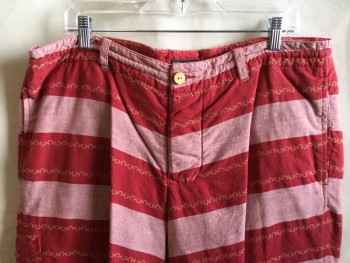 Mens, Shorts, BURKMAN BROS, Dk Red, Pink, Gold, Cotton, Stripes - Horizontal , Zig-Zag , L, 36, Belt Hoops and D-string Waistband, Wood Button Front, 4 Pockets