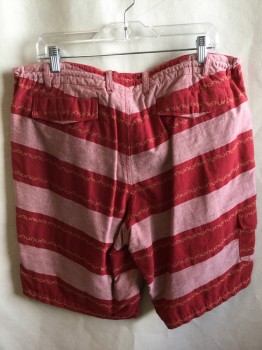Mens, Shorts, BURKMAN BROS, Dk Red, Pink, Gold, Cotton, Stripes - Horizontal , Zig-Zag , L, 36, Belt Hoops and D-string Waistband, Wood Button Front, 4 Pockets
