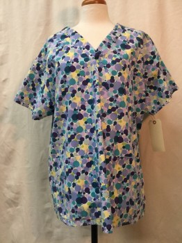 CREST, White, Purple, Blue, Turquoise Blue, Yellow, Cotton, Polyester, Geometric, White with Purple/ Blue/ Turquoise/ Yellow Circle Print, V-neck, 2 Pockets,