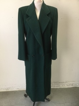 Womens, Coat, PERRY ELLIS, Forest Green, Wool, Solid, 8, Heavy Wool, Double Breasted, Notched Lapel, Chunky Padded Shoulders, 2 Large Patch Pockets at Hips, Ankle Length,