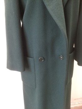 Womens, Coat, PERRY ELLIS, Forest Green, Wool, Solid, 8, Heavy Wool, Double Breasted, Notched Lapel, Chunky Padded Shoulders, 2 Large Patch Pockets at Hips, Ankle Length,