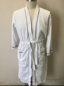 Mens, Bathrobe, N/L, White, Black, Cotton, Polyester, Solid, XL, White Waffled Texture, with Black Piping Trim at Front Opening, Cuffs and 2 Patch Pockets at Hips, Long Sleeves, Sash Belt Attached at Center Back Waist