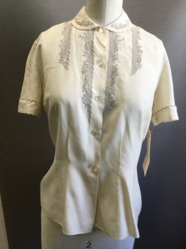 Womens, Blouse, N/L, Cream, Gray, Silk, Solid, Floral, B32, Button Front, Round Collar, Cuffed Short Sleeves, Embroidered