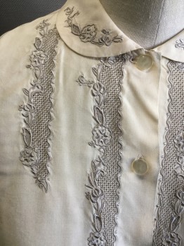 N/L, Cream, Gray, Silk, Solid, Floral, Button Front, Round Collar, Cuffed Short Sleeves, Embroidered
