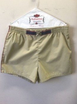 Mens, Swim Suit, JANZEN, Khaki Brown, Navy Blue, Maroon Red, Poly/Cotton, Solid, 32-36, Swim Trunks, Khaki Solid with Maroon Piping at Outseams, Maroon and Navy 1" Wide Belt Detail Attached at Center Front Waist with Silver Figure 8 Shaped Buckle, Elastic Waist, 3" Inseam, 70's/80's