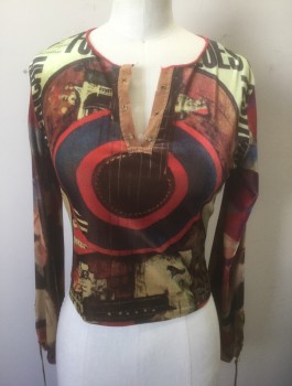 AMOUR LOVE, Multi-color, Polyester, Abstract , Text, Stretch Velvet, Long Sleeves, Notched Neck with Grommet Detail,Guitar, Funky Shapes and Text Pattern,  Fitted, Cropped Length, Faux Suede Lacing/Ties at Cuffs,