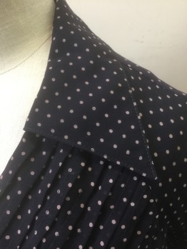 Womens, Dress, Short Sleeve, KAY UNGER, Navy Blue, Gray, Polyester, Polka Dots, 4, Navy with Small Gray Polka Dots Pattern, Chiffon, Short Sleeves, Surplice V-neckline, 1/4" Pleats at Bust, Collar Attached, Chemically Pleated Bottom Half, Midi Length