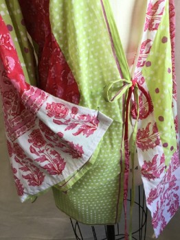 Womens, SPA Robe, LOLITA  LOCA, Lime Green, Pink, Red, Off White, Mauve Pink, Cotton, Floral, Abstract , 0, Open Front, 3/4 Sleeves, with Self Bow-tie Front