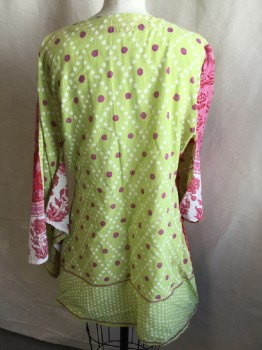 LOLITA  LOCA, Lime Green, Pink, Red, Off White, Mauve Pink, Cotton, Floral, Abstract , Open Front, 3/4 Sleeves, with Self Bow-tie Front