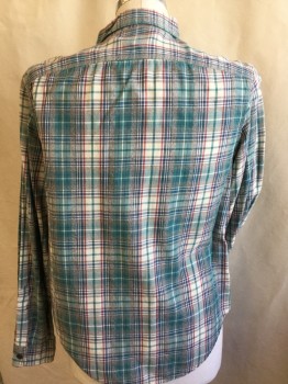 RALPH LAUREN, Teal Green, Heather Gray, Navy Blue, Off White, Dk Red, Cotton, Plaid, (DOUBLE)  Collar Attached, Navy Button Front, 2 Pockets with Flap & Navy Button, Long Sleeves,