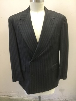 Mens, 1980s Vintage, Suit, Jacket, REPORTER, Charcoal Gray, Wool, 42R, with Brown Specked Stripes with Solid Pinstripe Center, Double Breasted, Wide Peaked Lapel, 3 Pockets, Solid Black Lining