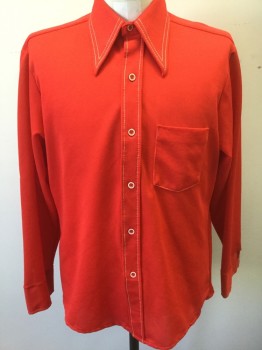 MONTGOMERY WARD, Red, Polyester, Solid, Fire Engine Red with White Topstitching, Long Sleeve Button Front, Collar Attached, 1 Patch Pocket,