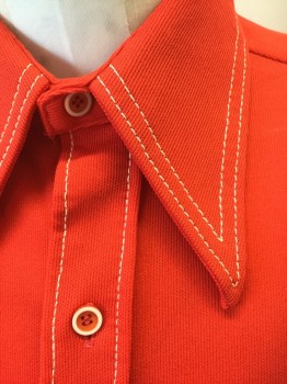 MONTGOMERY WARD, Red, Polyester, Solid, Fire Engine Red with White Topstitching, Long Sleeve Button Front, Collar Attached, 1 Patch Pocket,