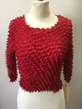 N/L, Red, Polyester, Solid, Novelty Pattern, Scoop Neck, 3/4 Sleeves, Kind of Cropped, Pucker Pleated Super Stretchy