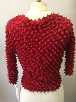 N/L, Red, Polyester, Solid, Novelty Pattern, Scoop Neck, 3/4 Sleeves, Kind of Cropped, Pucker Pleated Super Stretchy