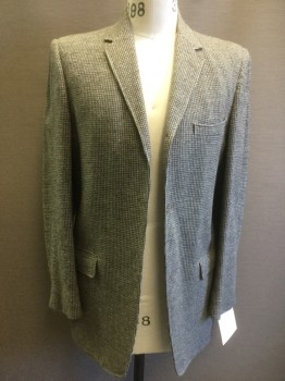 Mens, 1980s Vintage, Suit, Jacket, GOLDSMITHS, Gray, Olive Green, White, Wool, Check , 40L, 3 Button HOLES, No Buttons, Notched Lapel, 3 Pockets, Scratchy, Partially Lined, Single Back Vent