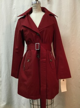 Womens, Coat, Trenchcoat, MICHAEL KORS, Maroon Red, Cotton, Polyester, Solid, S, Maroon, Button Front, Notched Lapel, 2 Flap Pockets with Zipper Detail, Belt