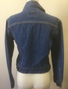 LEVI'S, Denim Blue, Cotton, Solid, Medium Blue Denim, Tan Topstitching, Button Front, Collar Attached, 2 Pockets