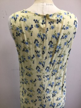 BOBBIE BROOKS, Lt Yellow, Lt Blue, Blue, Rayon, Floral, Sleeveless, Scoop Neck, Keyhole Back with Button, Ankle Length