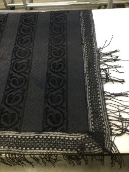 NL, Black, Wool, Rayon, Geometric, Square Shawl Wool & Chenille Woven Pattern, Mohair Lace Trim with Fringe All Around ( Some Areas Missing Tassels),